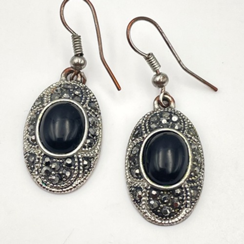 Vintage 90s Silver Tone Marcasite Black Onyx Oval Drop Earrings Women's Jewelry